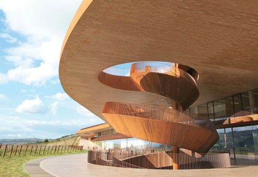 The dramatic flying spiral staircase from Antinori's new cantina in Chianti